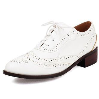 Generic Qynthra Womens Classic Oxford Wingtip Flats PU Leather Round Toe Tri-Color Design Perforated Brogue Shallow Lace-Up Shoes Vintage British Style Comfor