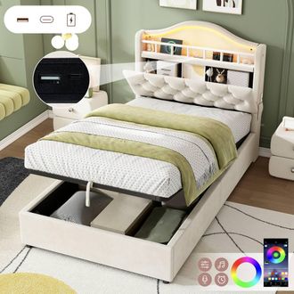 Matteo Single Hydraulic Velvet LED Bed Frame with Storage & Charging Station in Beige