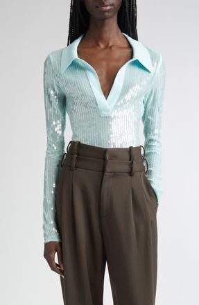 Monse Sequin Long Sleeve Polo in Sea Foam at Nordstrom, Size X-Large