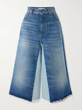 Chlo&eacute; Pantaloni Culotte A Gamba Larga In Denim Sfrangiato Patchwork - Blu