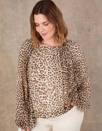 Live Unlimited London Womens Animal Print Blouson Sleeve Boho Blouse - Multi - Size: 14