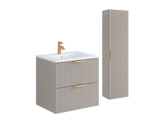 Vente-Unique Mueble de ba&ntilde;o estriado con lavabo encastrado y columna - Color beige - 60 cm - ZEVARA
