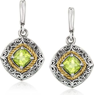 Ross-Simons Peridot Drop Earrings in Sterling Silver and 14kt Yellow Gold