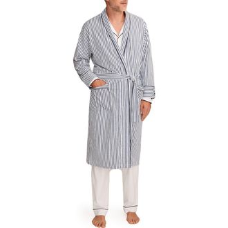 Petite Plume Stripe Woven Pima Cotton Robe in Navy at Nordstrom, Size Small