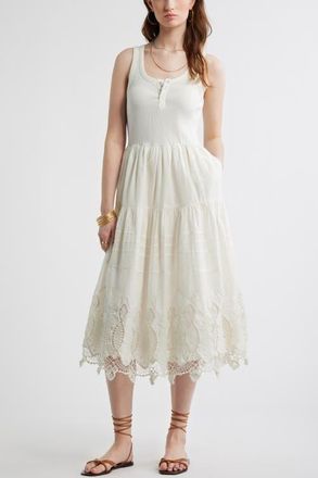 Treasure & Bond Embroidered Mixed Media Henley Tank Dress in Ivory Egret at Nordstrom, Size Xx-Large