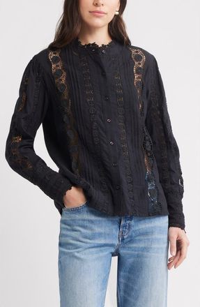 Caslon Pretty Lace Panel Button-Up Shirt in Black at Nordstrom Rack, Size Medium
