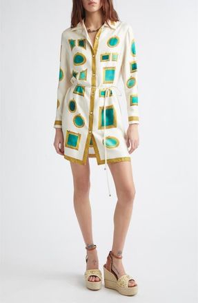 Versace Print Long Sleeve Silk Twill Shirtdress in Ivory Emerald at Nordstrom, Size 6 Us