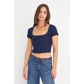 Good American Womens The Pointelle Square Neck Top | Horizon Ink, Size Medium | Good American by Khlo&Egrave; Kardashian
