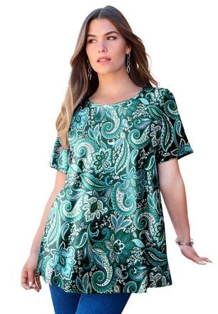 Roaman's Plus Size Ultimate Cotton Crewneck Short Sleeve Swing Tee in Emerald Paisley Vines at Nordstrom, Size Medium