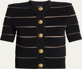 Balmain Metallic Striped Strong-Shoulder Crop Cardigan