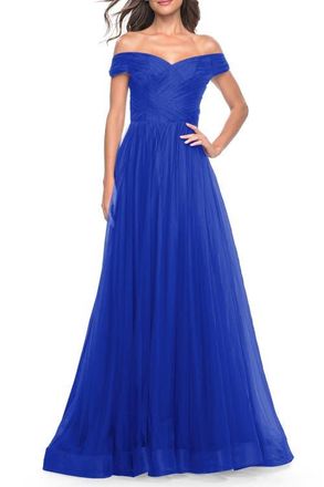 La Femme A-Line Tulle Prom Dress with Off the Shoulder Top in Royal Blue at Nordstrom, Size 12