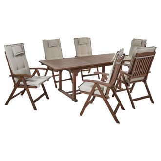Beliani Conjunto De Jard&iacute;n R&uacute;stico 6 Plazas Mesa Extensible Sillas Reclinables Madera Acacia Oscura Con Cojines Gris Pardo Amantea