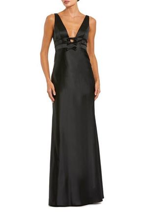 Mac Duggal Sleeveless V Neck Satin Gown With Bow Details in Black at Nordstrom, Size 12