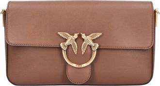 Pinko Brown Leather Love Birds Flap Shoulder Bag