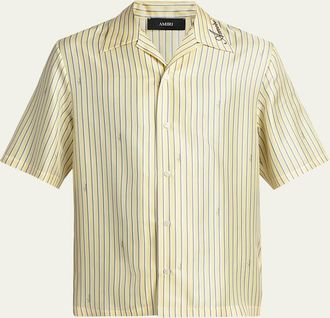 Amiri Mens Silk Micro-Logo Stripe Short-Sleeve Shirt