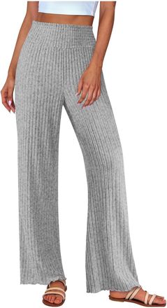 Generic Ribbed Knit PajamaTrousers for Women UK Baggy Wide Leg Lounge Jogging Pants Elastic Waisted Straight Leg Trousers Casual Solid Color Soft Comfy Tracks
