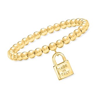 Ross-Simons Italian 6mm 18kt Gold Over Sterling Bead Stretch Bracelet With Made in Italy Lock Charm