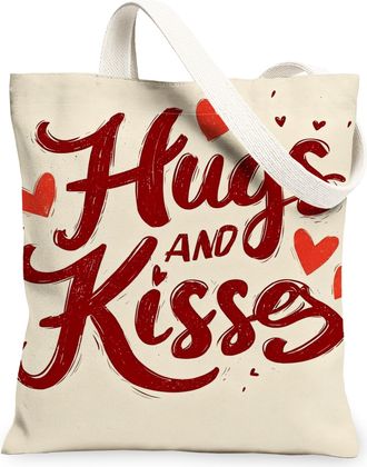 Generic ValentineS Heart Canvas Tote Bags, Love Design Reusable Grocery Bags, Romantic Chic Lightweight Washable Shoulder Strap Ca, Beige, 13x15 Inch