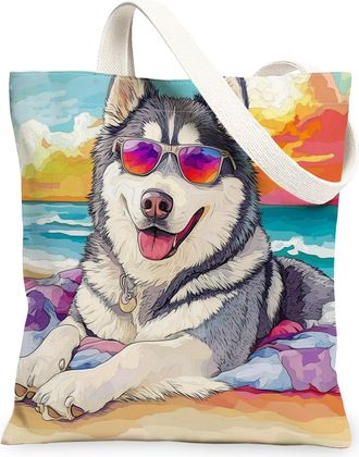 Generic Summer Pekingese Dog Canvas Tote Bag for Shopping 13x15, Watercolor Beach Coastal Puppy Reusable Grocery Print Bag for Women, Beachy Pet Beach Aesthet