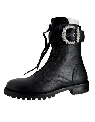 Jimmy Choo London Crystal Embellished Buckle Black Leather Combat Boots Size 39