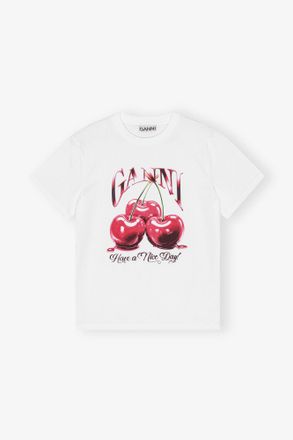 Ganni White Basic Jersey Cherry Relaxed T-shirt - Size XXS Organic Cotton