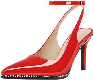 EDEFS Womens Pointed Toe Slingback Pumps 3.5 Inch Stiletto High Heels Beaded Ankle Strap Shoes for Work Party Daily Red UK5