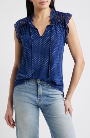 Loveappella Polka Dot Ruffle Trim Split Neck Top in Navy at Nordstrom, Size X-Small