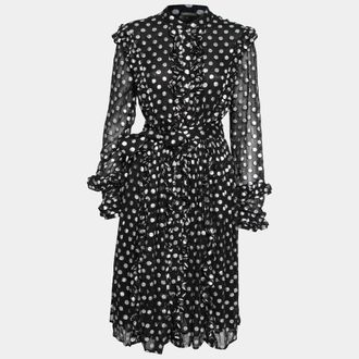 Dodo Bar Or Black & Silver Polka Dotted Chiffon Ruffle Trimmed Belted Dress