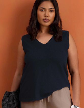 Live Unlimited London Womens Navy Cotton Slub V Neck Vest With Curved Hem - Size: 14/14