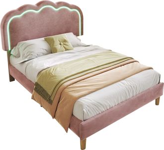 STILVORA Cama Individual 90 X 200 Cm De Terciopelo Con Cabecero Ajustable, Cabecero Tapizado Y Led, Sin Colch&oacute;n, Rosa