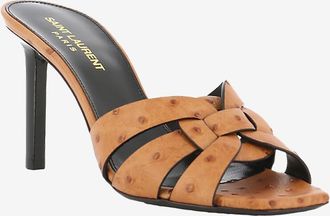 Saint Laurent Pantoletten aus Leder in Straussenoptik mit Absatz Tribute 85