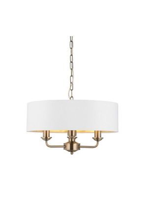Netlighting Highclere Single Shade Pendant Ceiling Lamp Antique Brass Plate Vintage White Fabric in Gold