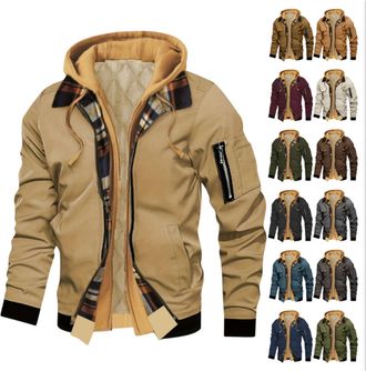 Generic Winter Jackets for Men,Fake Two-Piece Spliced Plaid Interior with Pockets Warm for Casual Flight Jacket Autumn Winter Hooded Coat Workwear Fleece Jack