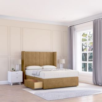 Sloomy Falcon Plush Wingback Bed Set, 2 Drawers & 54 Floor Standing Headboard in Light Brown | Size: Double