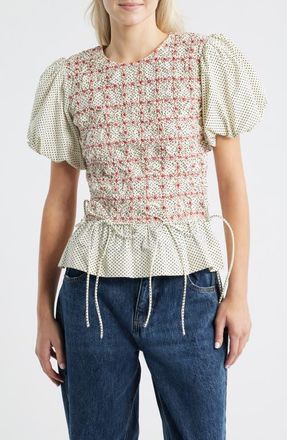 Damson Madder Audrey Polka Dot Smocked Organic Cotton Top in White at Nordstrom, Size 16 Us