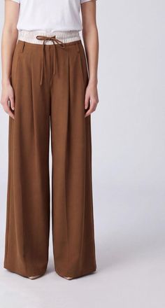 Eleh High-Waisted Palazzo Trousers in Cotton and Tencel Blend with Drawstring and Pleats