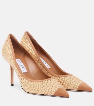 Jimmy Choo London Love suede-trimmed raffia pumps