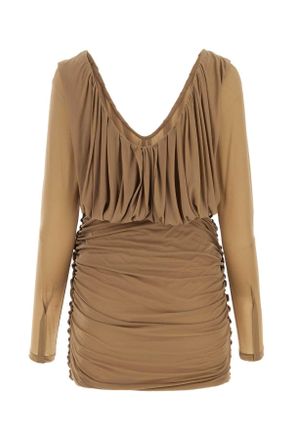 Saint Laurent Womens Camel Jersey Mini Dress Brown Exterior: Cupro Abiti