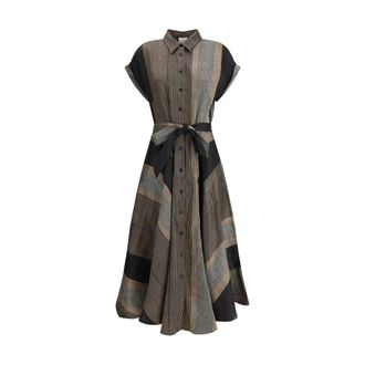 Sara Roka Kleedjes, Dames, Veelkleurig, M, Gestreepte Patchwork Chemisier Jurk