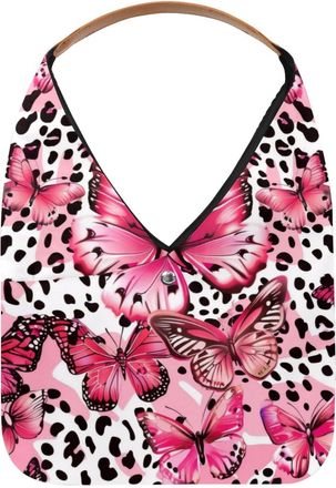 Generic Pink Leopard Butterfly Pattern Reusable Lightweight Grocery Bags - Foldable Into Compact Pouch, Washable & Sturdy, Multipurpose for Shopping and Trave