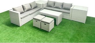 Fimous 8 Seater Garden Outdoor Rattan Furniture Set Rattan Garden Sofa Oblong Coffee Table with 2 Small Footstool 2 Side Tables Light Grey Mixed - Fimous