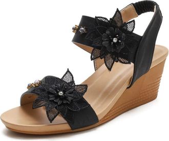 Generic Sandals For Women Plus Size Women Wedges Leather Sandals Lace Flowers Pearls Heel Casual Summer Shoes Open Toe Female