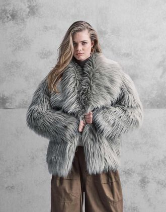 Asos Giacca oversize verde salvia con colletto in pelliccia sintetica