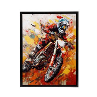 Artery8 Motocross Race Motorcycle Sport Oil Framed Canvas Wall Art Print in Orange | Size: W24 x H32