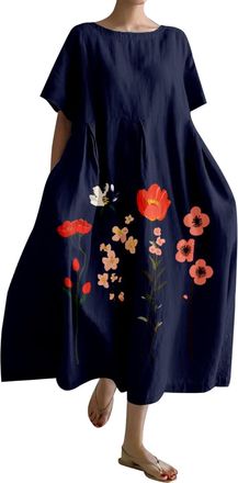 Generic Vintage Japanese Art Dress for Women 2024 Boho Floral Print Oversized Crewneck Linen Casua Summer Dresses Floral Dresses for Women Summer (Dark Blue, 