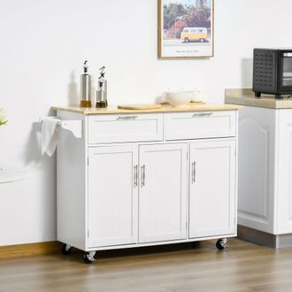 HOMCOM Kitchen Island Utility Cart with 2 Storage Drawers Cabinets in White