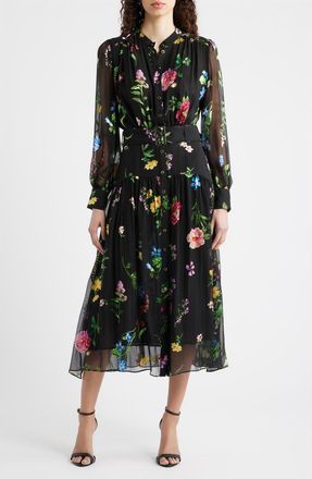 Elie Tahari The Janice Floral Print Long Sleeve Dress in Noir Denim Garden at Nordstrom, Size 12