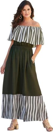 Jessica London Off-The-Shoulder Maxi Dress in Olive Green Stripe at Nordstrom, Size 12