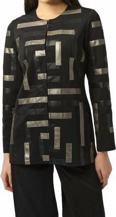 Joseph Ribkoff Scuba & Leatherette Collarless Jacket In Black/ Multi