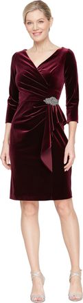 Alex Evenings Womens Short Velvet 3/4 Sleeve Cocktail Dress W/Surplice Neckline and Cascade Skirt, (Petite and Regular Sizes, Wine, 20